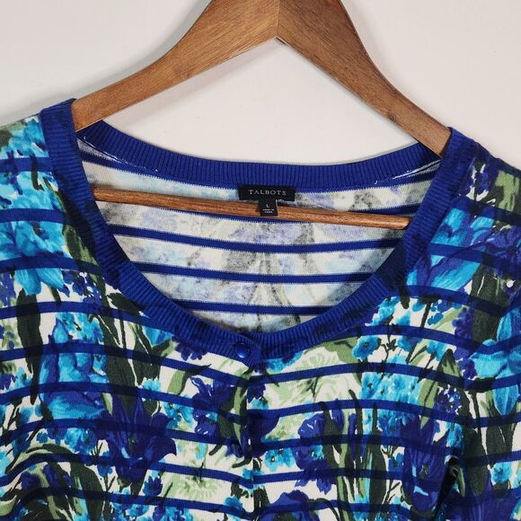 Talbots Womens White Blue Striped Floral Button Up Cardigan Size Large Coastal - Picture 2 of 9